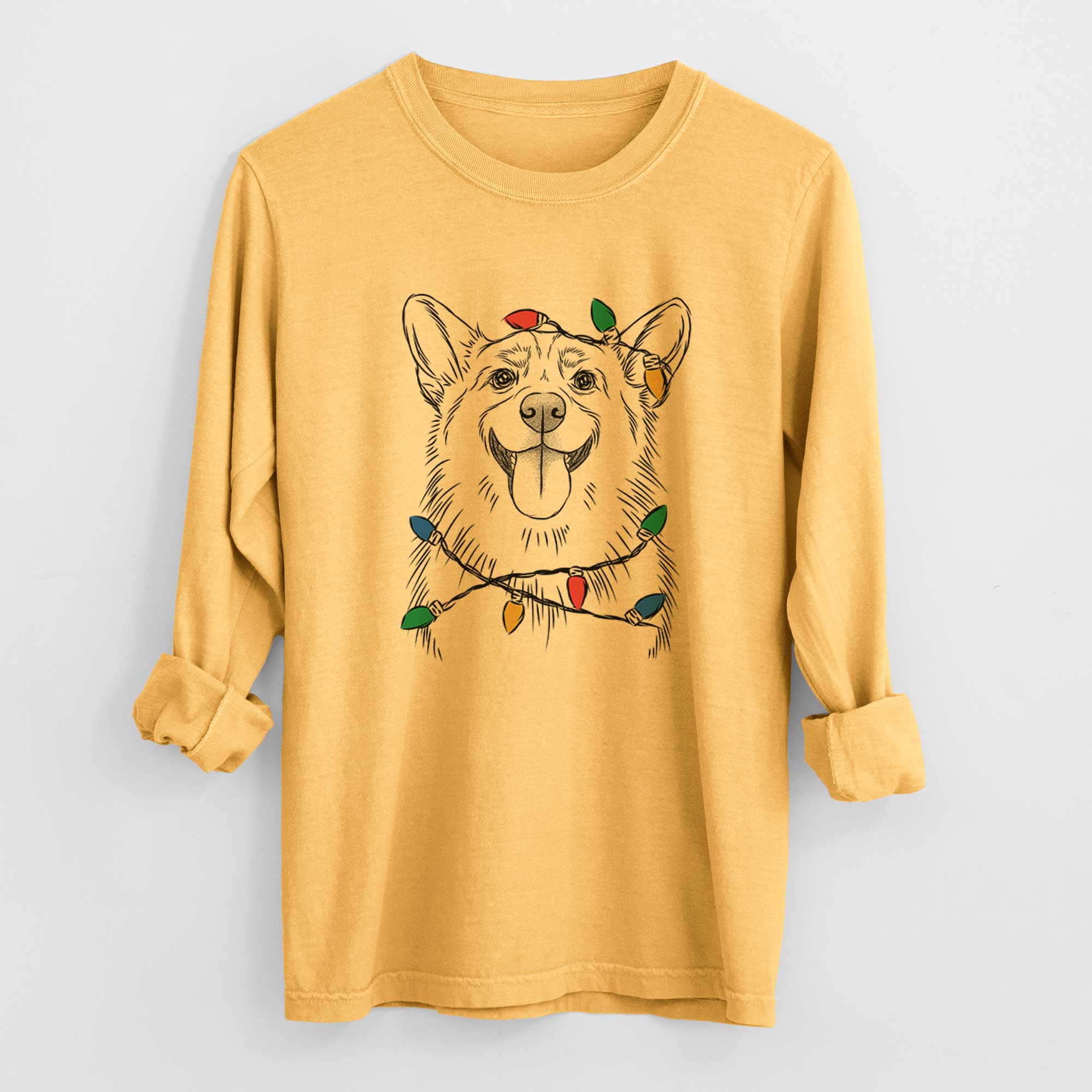 Christmas Lights Porter the Pembroke Welsh Corgi - Heavyweight 100% Cotton Long Sleeve