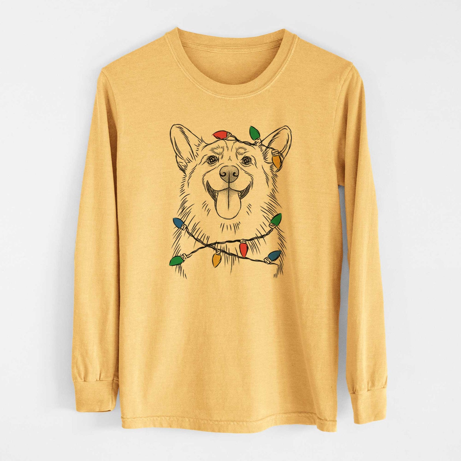 Christmas Lights Porter the Pembroke Welsh Corgi - Heavyweight 100% Cotton Long Sleeve