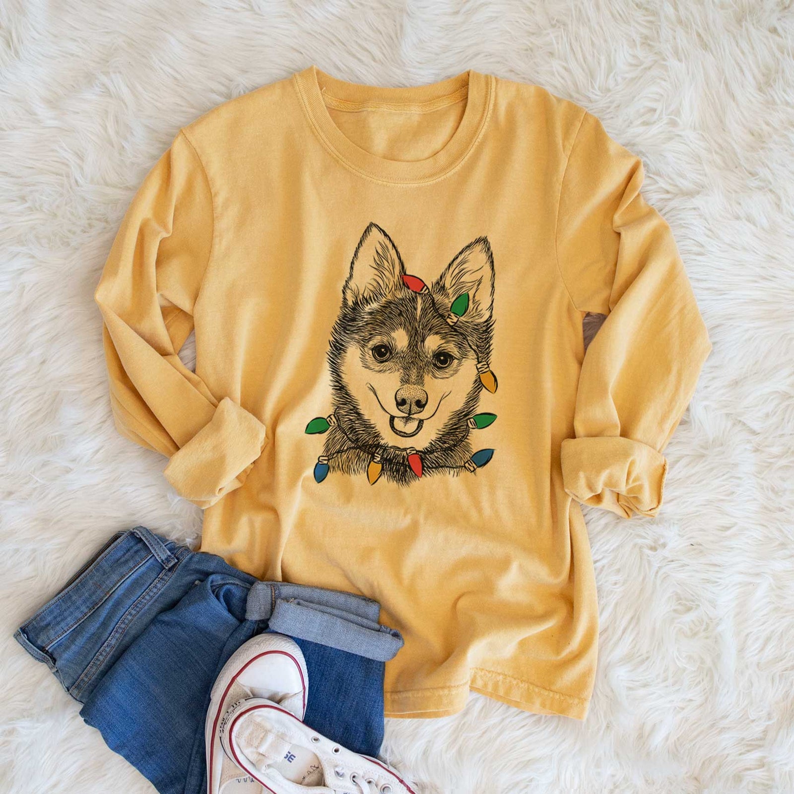 Christmas Lights Posey the Alaskan Klee Kai - Heavyweight 100% Cotton Long Sleeve