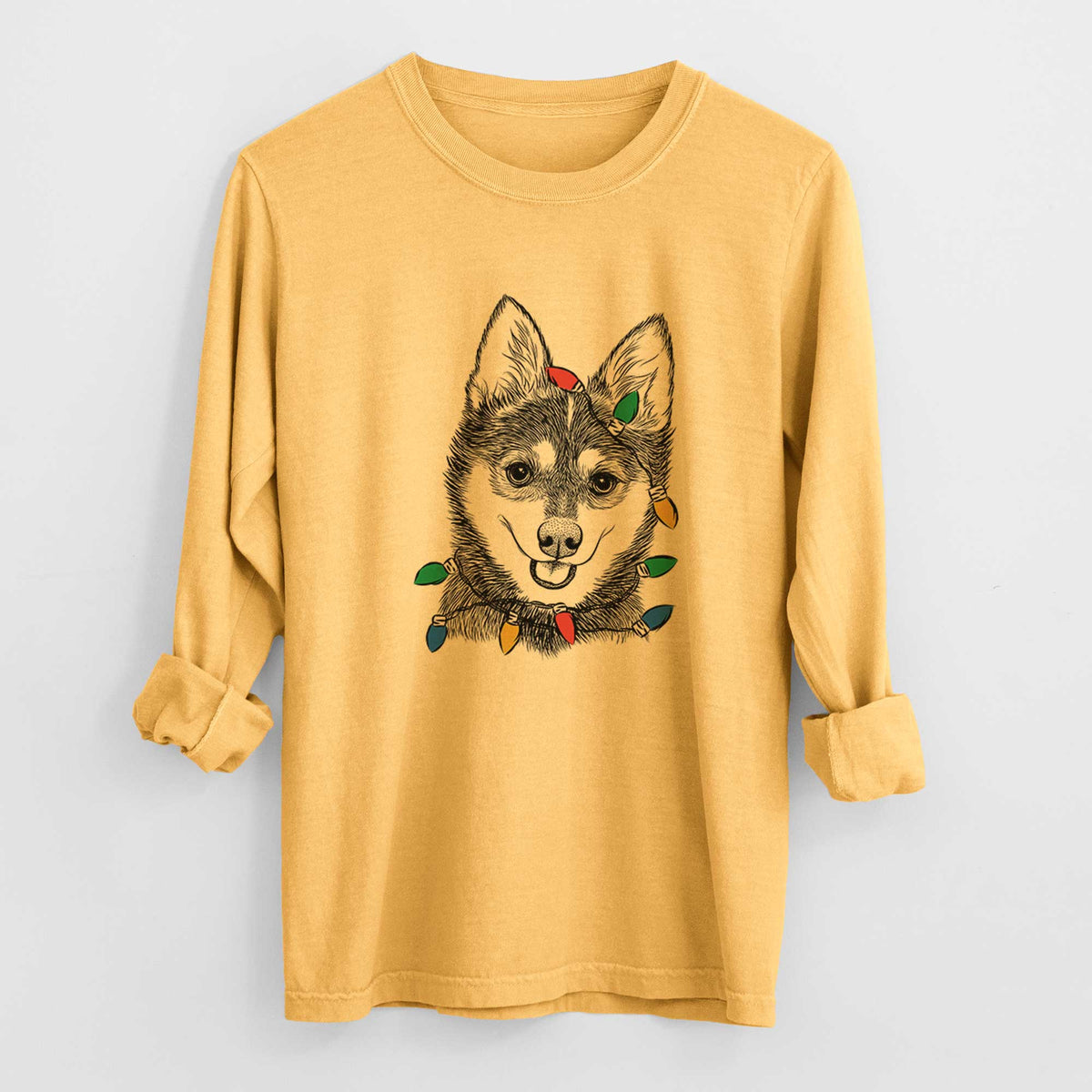 Christmas Lights Posey the Alaskan Klee Kai - Heavyweight 100% Cotton Long Sleeve