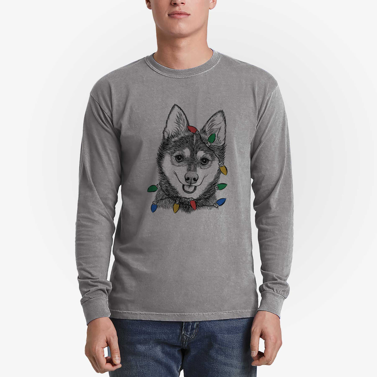 Christmas Lights Posey the Alaskan Klee Kai - Heavyweight 100% Cotton Long Sleeve