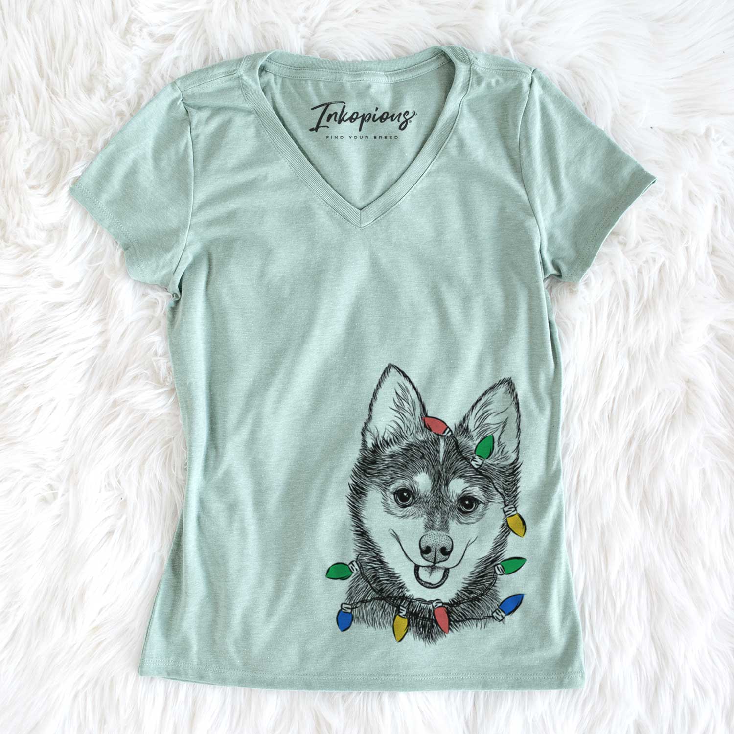 Christmas Lights Posey the Alaskan Klee Kai - Women's V-neck Shirt