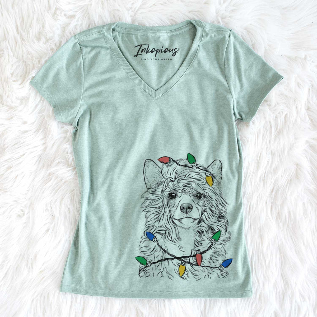 Christmas Lights Preston the Powderpuff Chinese Crested - Women&#39;s V-neck Shirt