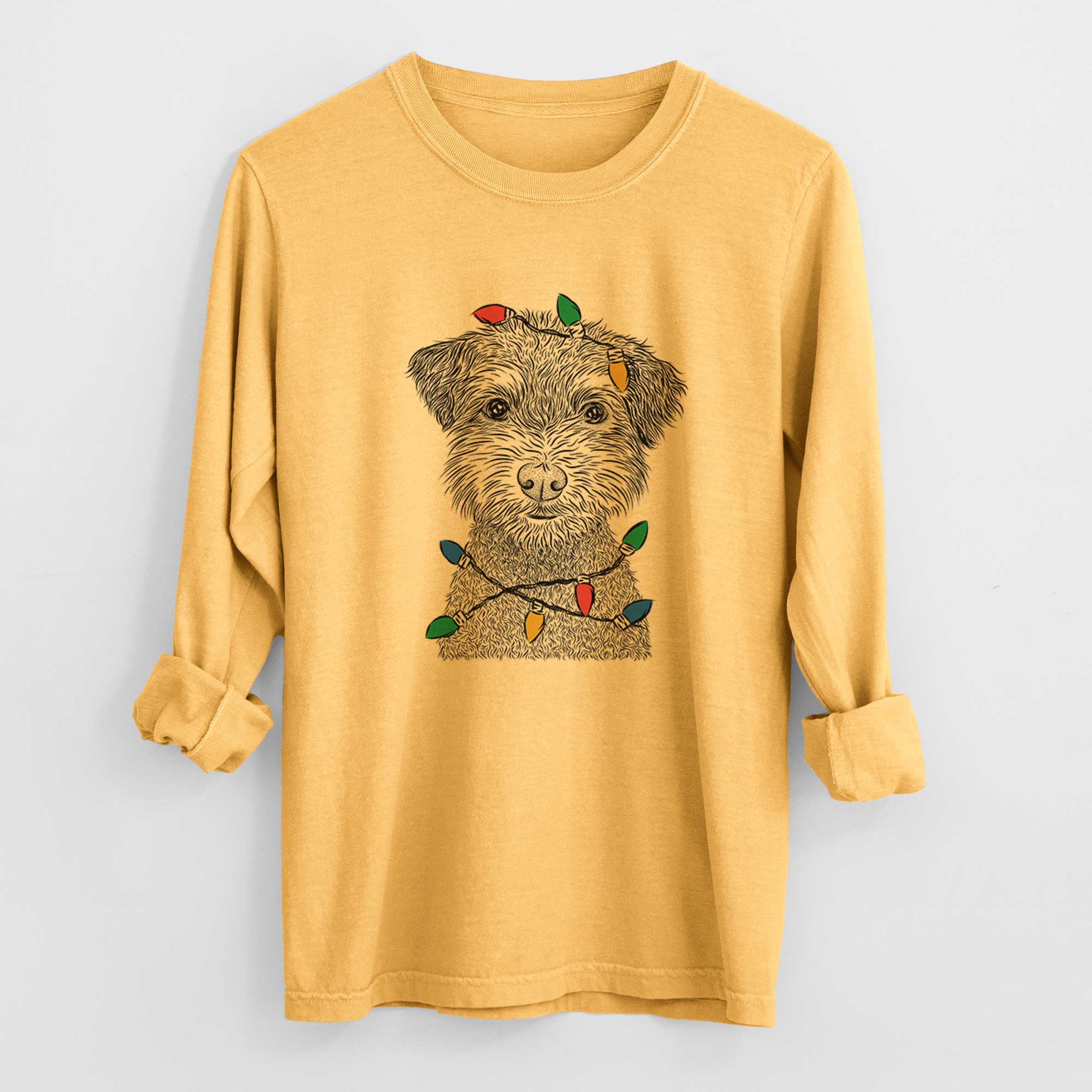 Christmas Lights Pretzel the Schnoodle - Heavyweight 100% Cotton Long Sleeve