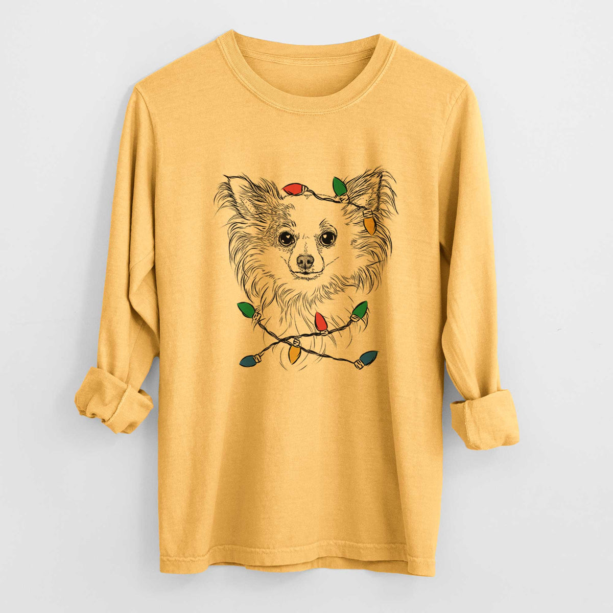 Christmas Lights Princess Ava the Long Haired Chihuahua - Heavyweight 100% Cotton Long Sleeve