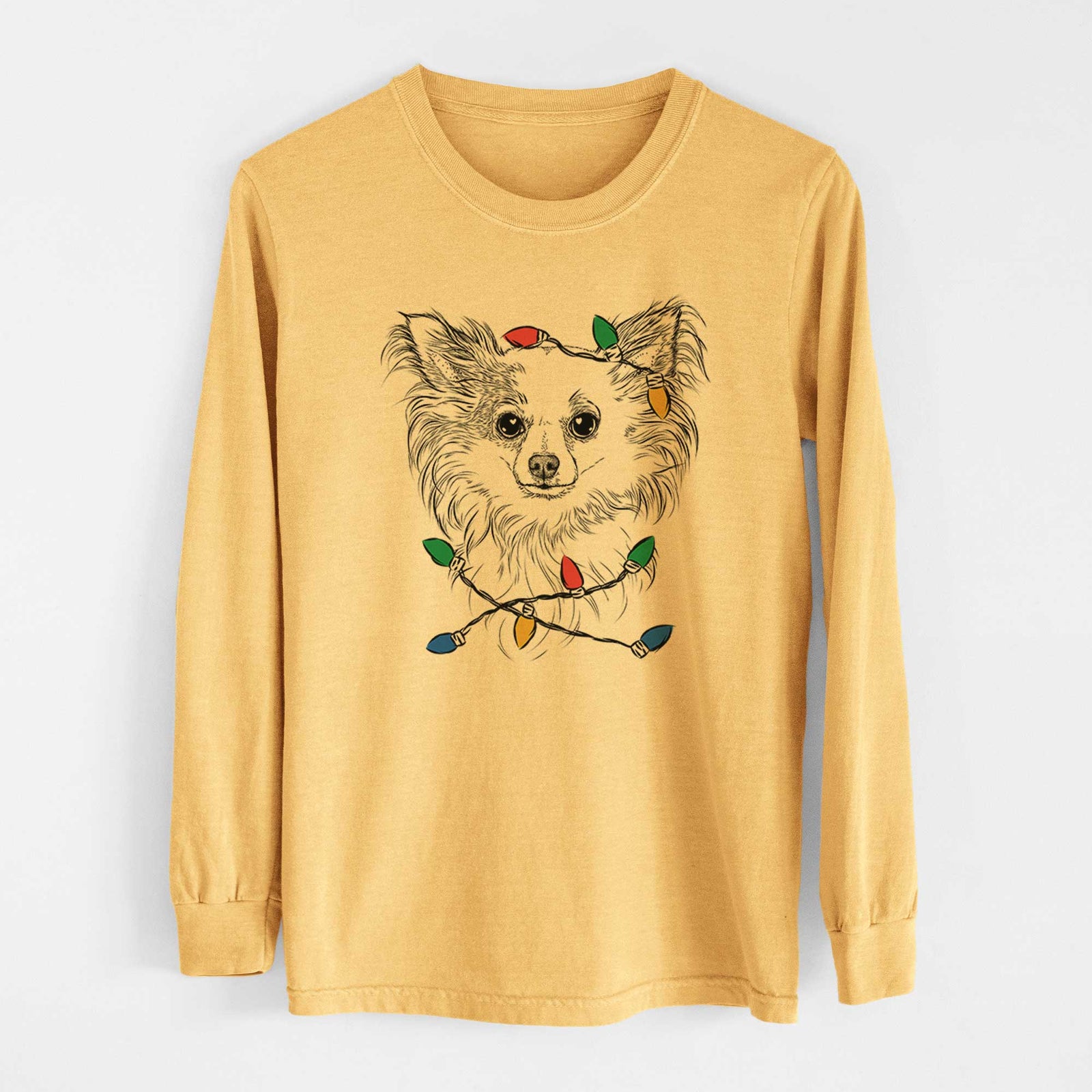Christmas Lights Princess Ava the Long Haired Chihuahua - Heavyweight 100% Cotton Long Sleeve