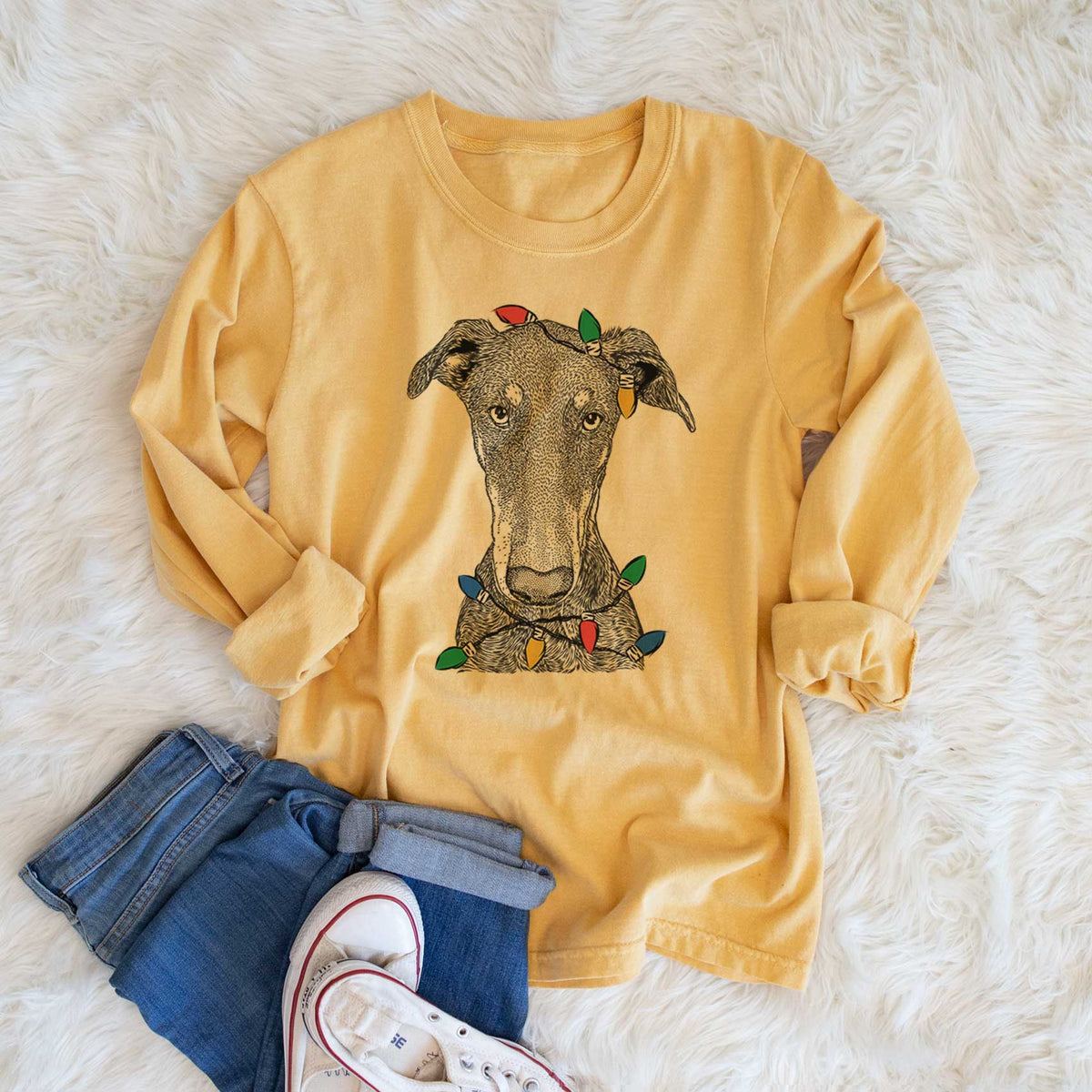 Christmas Lights Princess Fiona the Doberman Pinscher - Heavyweight 100% Cotton Long Sleeve
