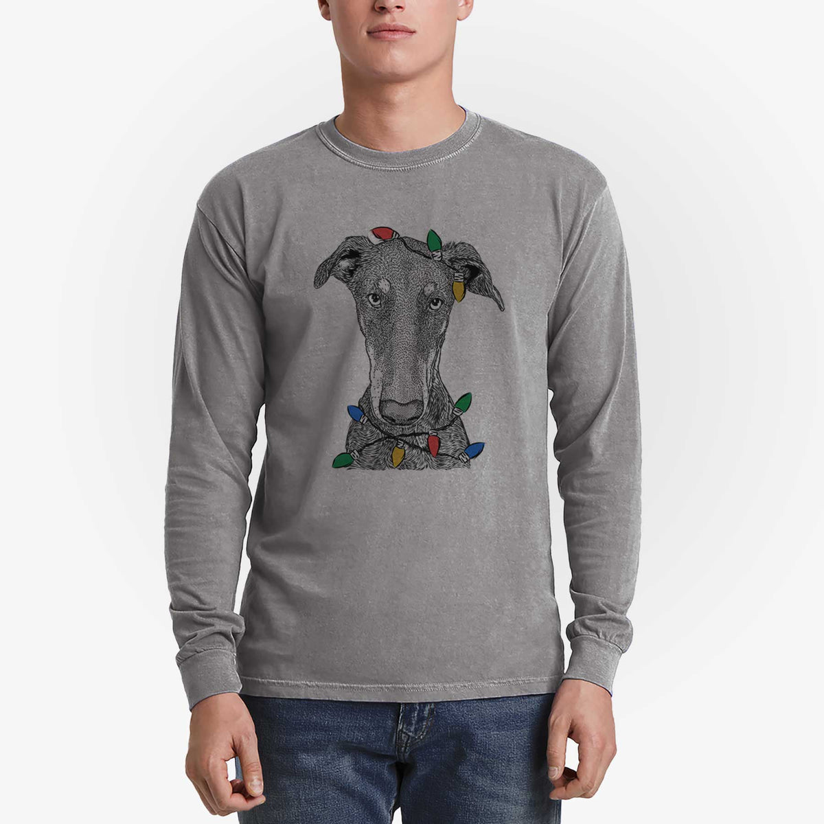Christmas Lights Princess Fiona the Doberman Pinscher - Heavyweight 100% Cotton Long Sleeve