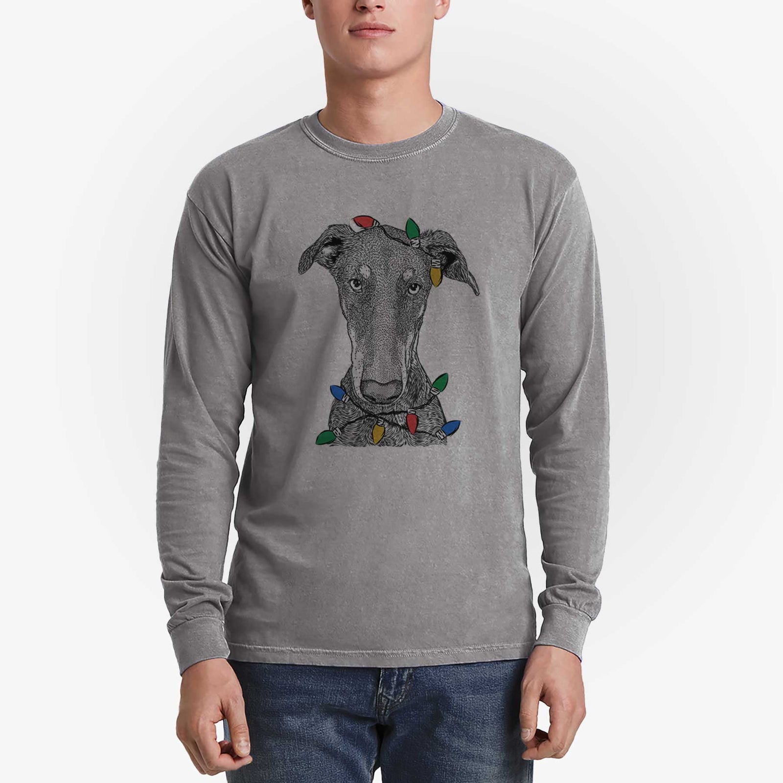 Christmas Lights Princess Fiona the Doberman Pinscher - Heavyweight 100% Cotton Long Sleeve