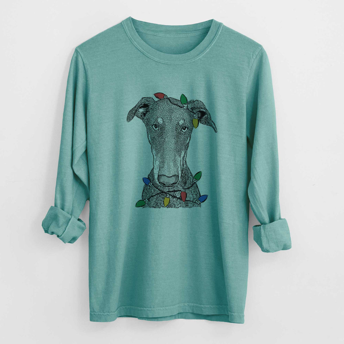 Christmas Lights Princess Fiona the Doberman Pinscher - Heavyweight 100% Cotton Long Sleeve