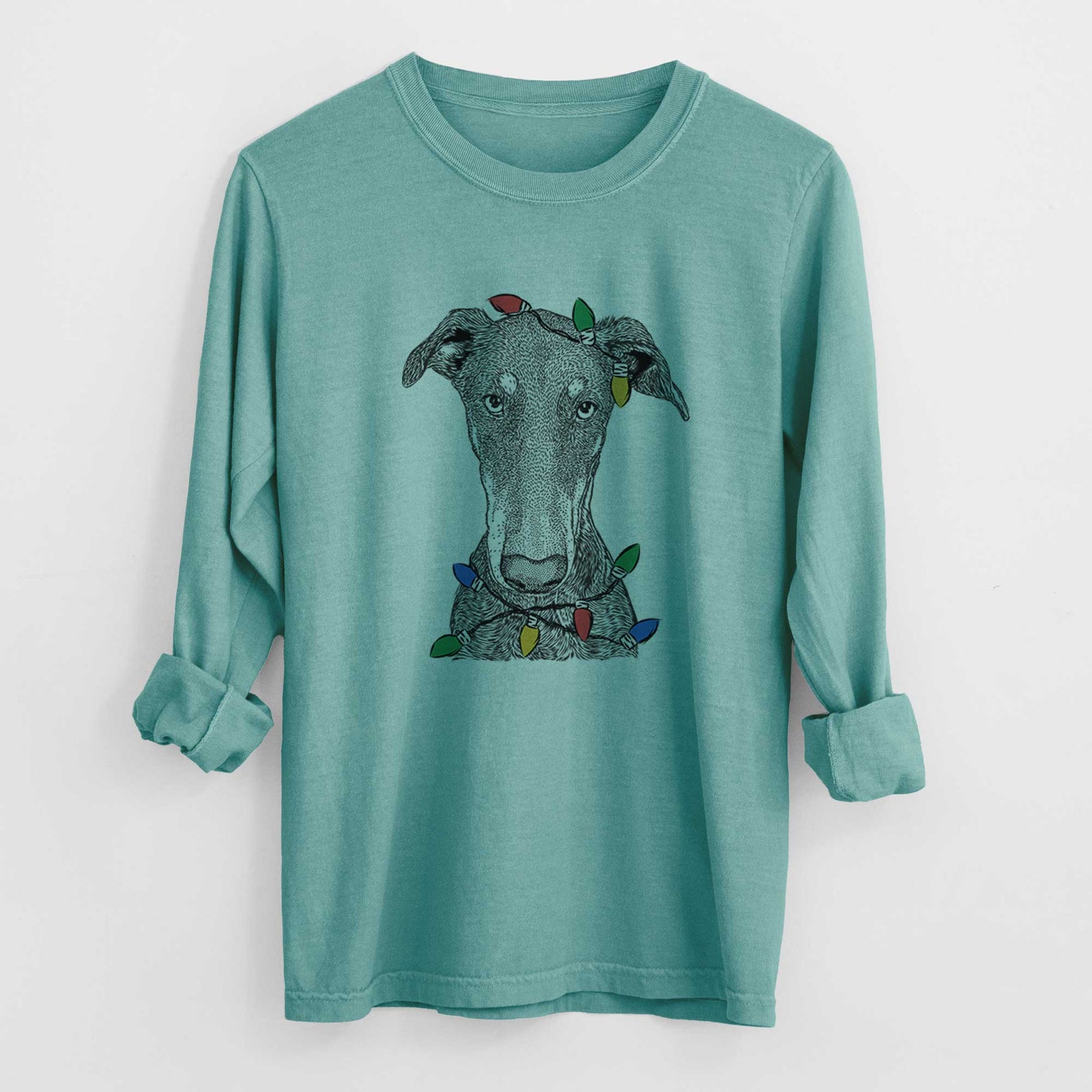 Christmas Lights Princess Fiona the Doberman Pinscher - Heavyweight 100% Cotton Long Sleeve