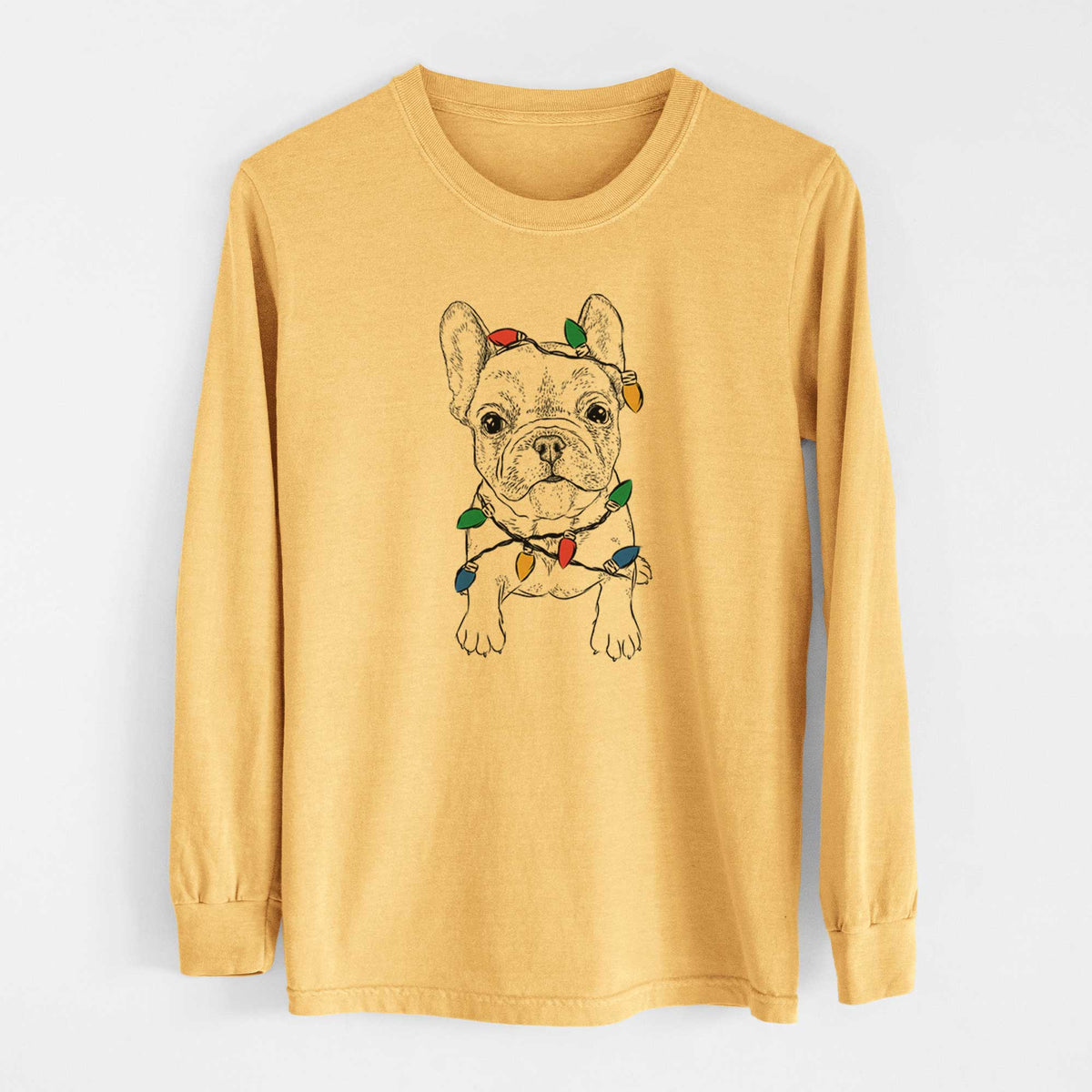 Christmas Lights Puppy Pierre the French Bulldog - Heavyweight 100% Cotton Long Sleeve