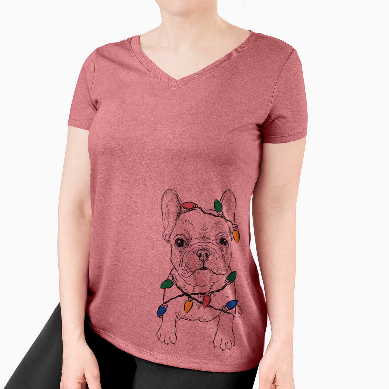 Christmas Lights Puppy Pierre the French Bulldog - Women's V-neck Shirt