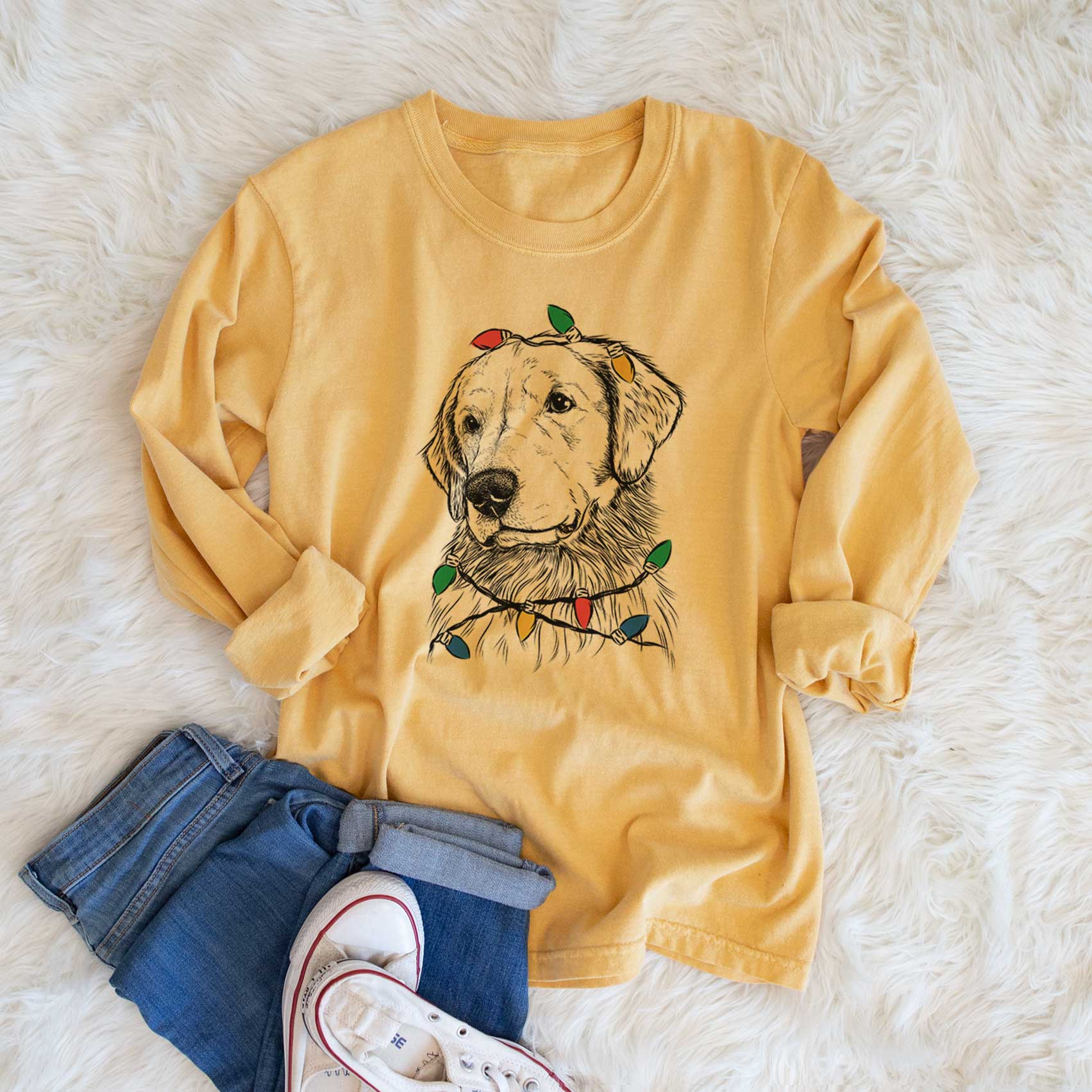 Christmas Lights Quinn the Golden Retriever - Heavyweight 100% Cotton Long Sleeve