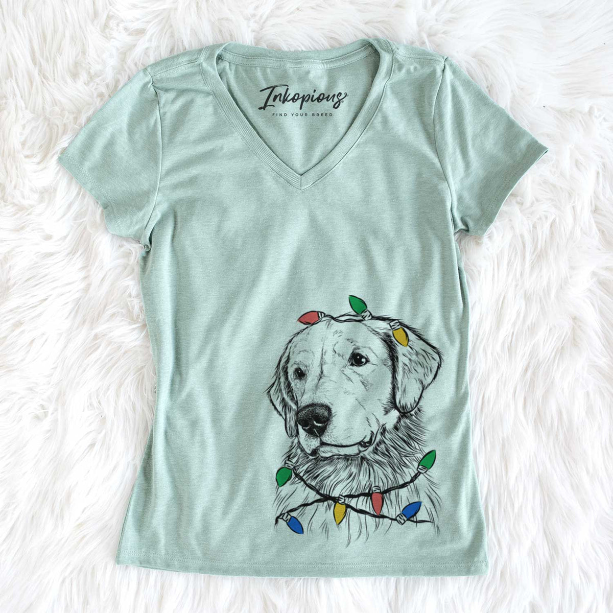 Christmas Lights Quinn the Golden Retriever - Women&#39;s V-neck Shirt