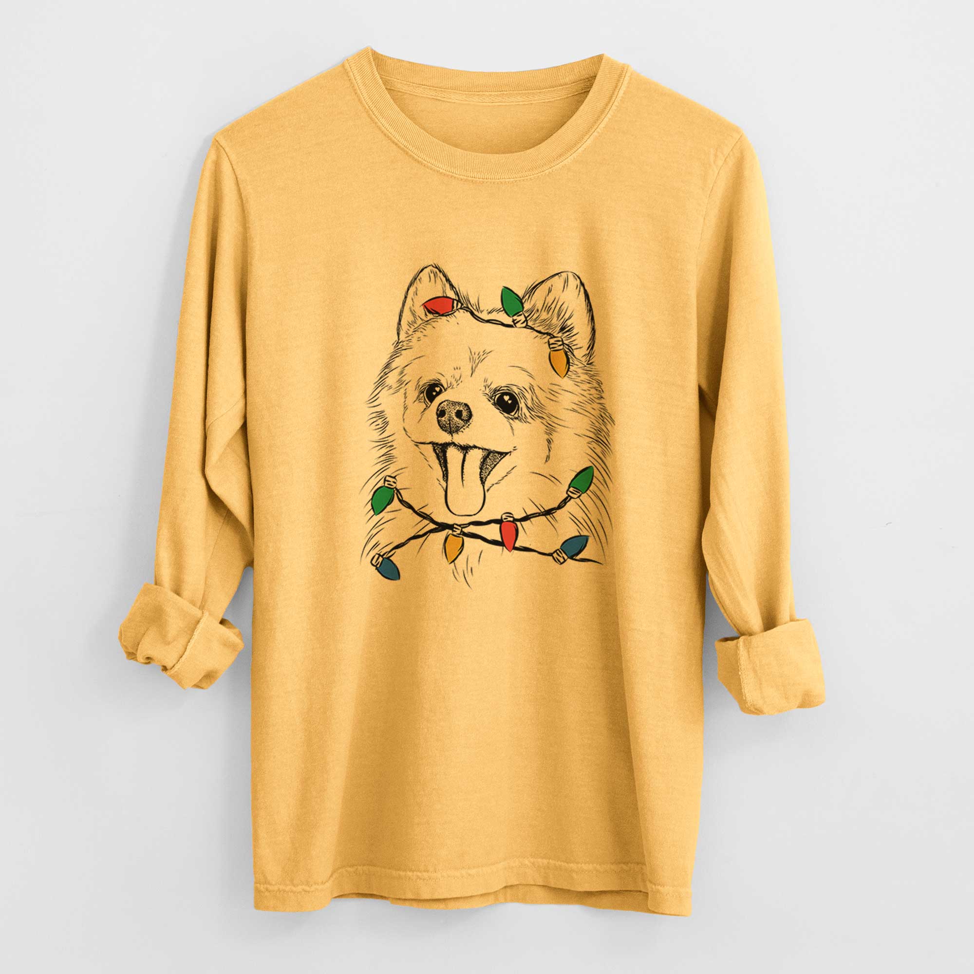 Christmas Lights Quinn the Pomeranian - Heavyweight 100% Cotton Long Sleeve