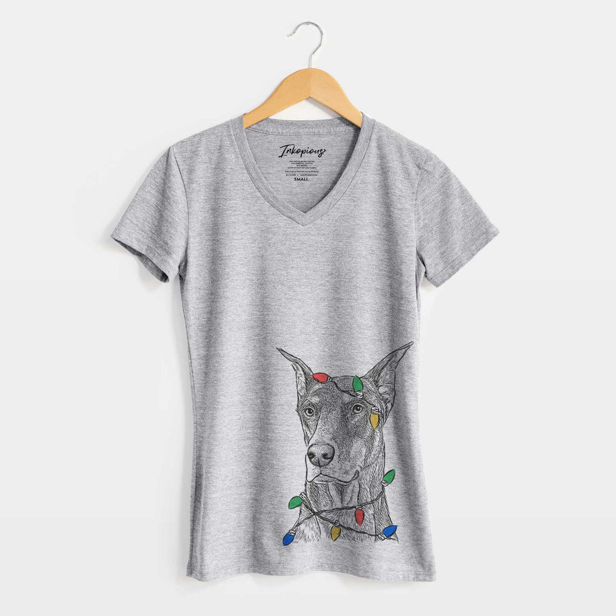 Christmas Lights RJ the Doberman Pinscher - Women's V-neck Shirt