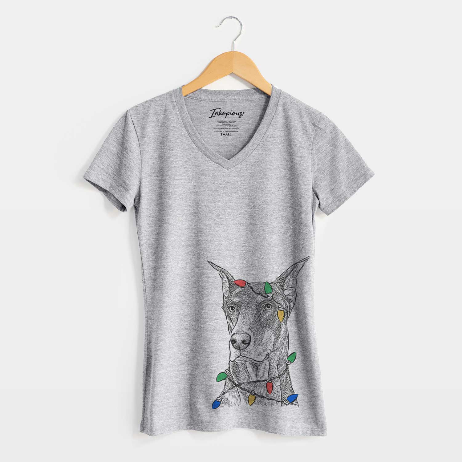 Christmas Lights RJ the Doberman Pinscher - Women's V-neck Shirt