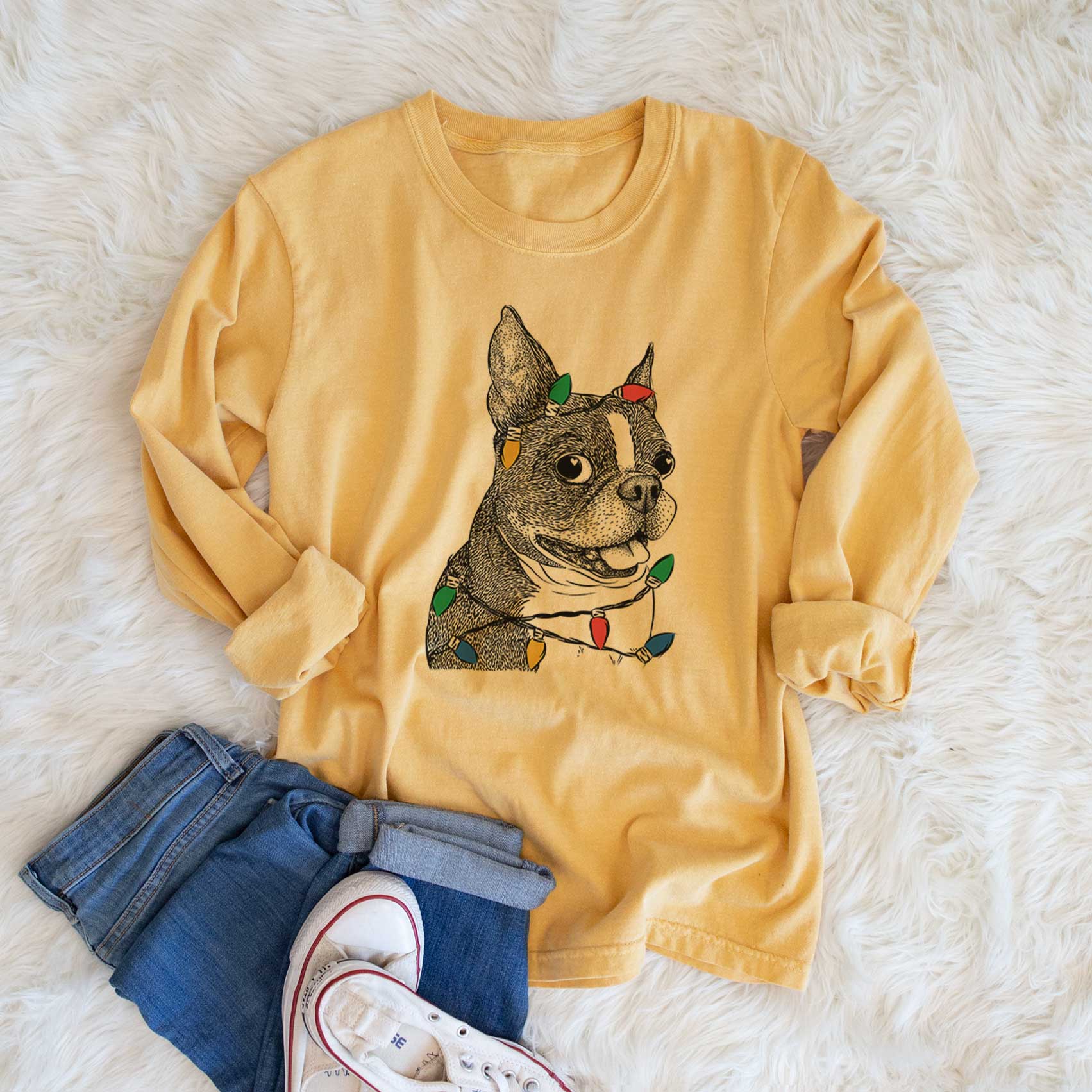Christmas Lights Ralphie the Boston Terrier - Heavyweight 100% Cotton Long Sleeve