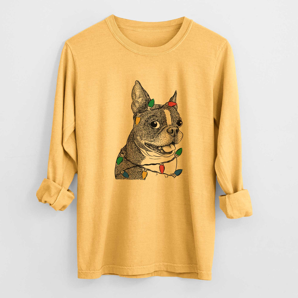 Christmas Lights Ralphie the Boston Terrier - Heavyweight 100% Cotton Long Sleeve