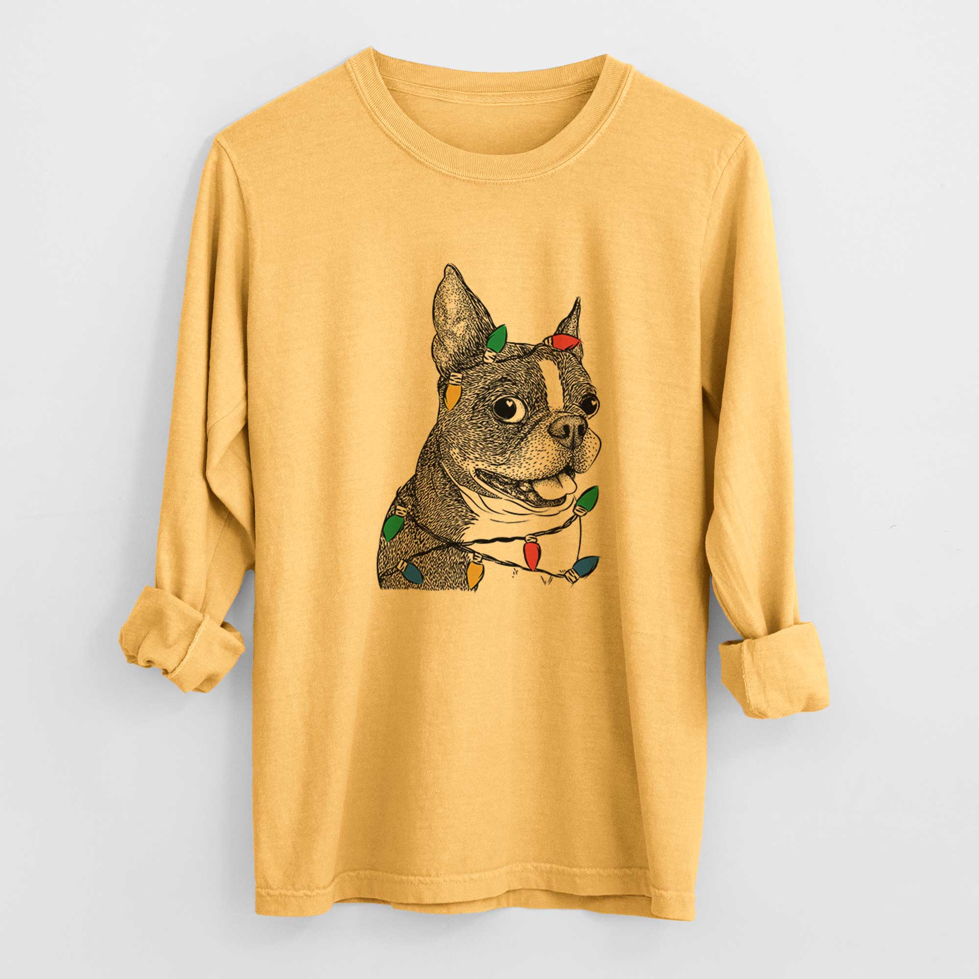 Christmas Lights Ralphie the Boston Terrier - Heavyweight 100% Cotton Long Sleeve