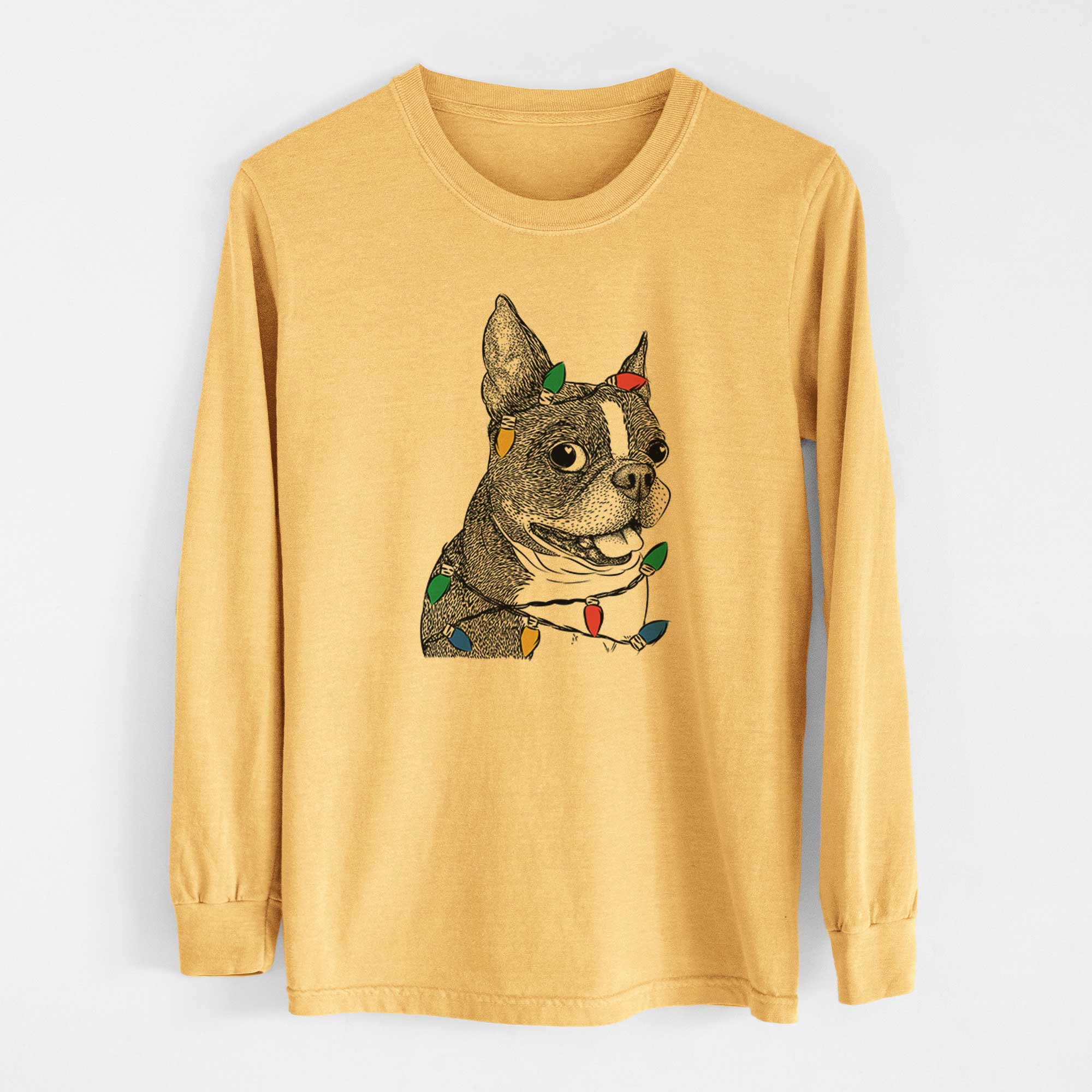Christmas Lights Ralphie the Boston Terrier - Heavyweight 100% Cotton Long Sleeve