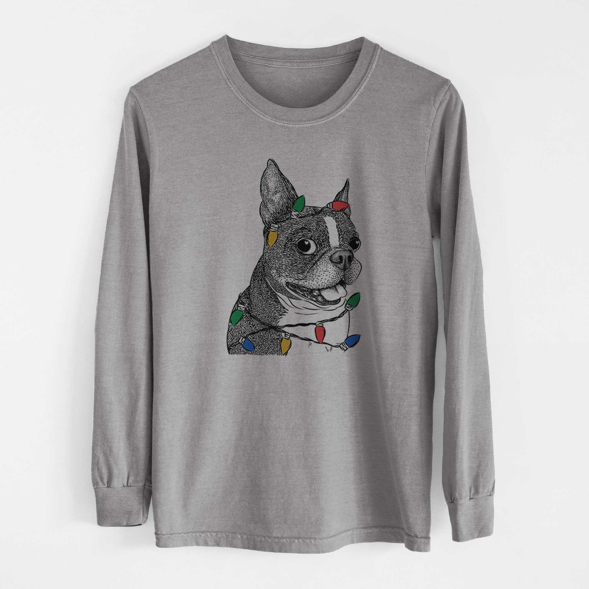 Christmas Lights Ralphie the Boston Terrier - Heavyweight 100% Cotton Long Sleeve