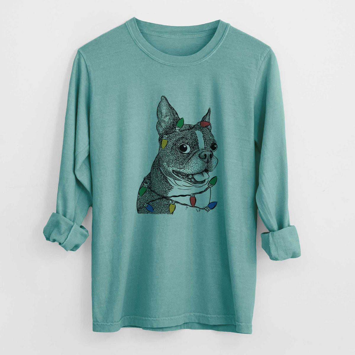 Christmas Lights Ralphie the Boston Terrier - Heavyweight 100% Cotton Long Sleeve