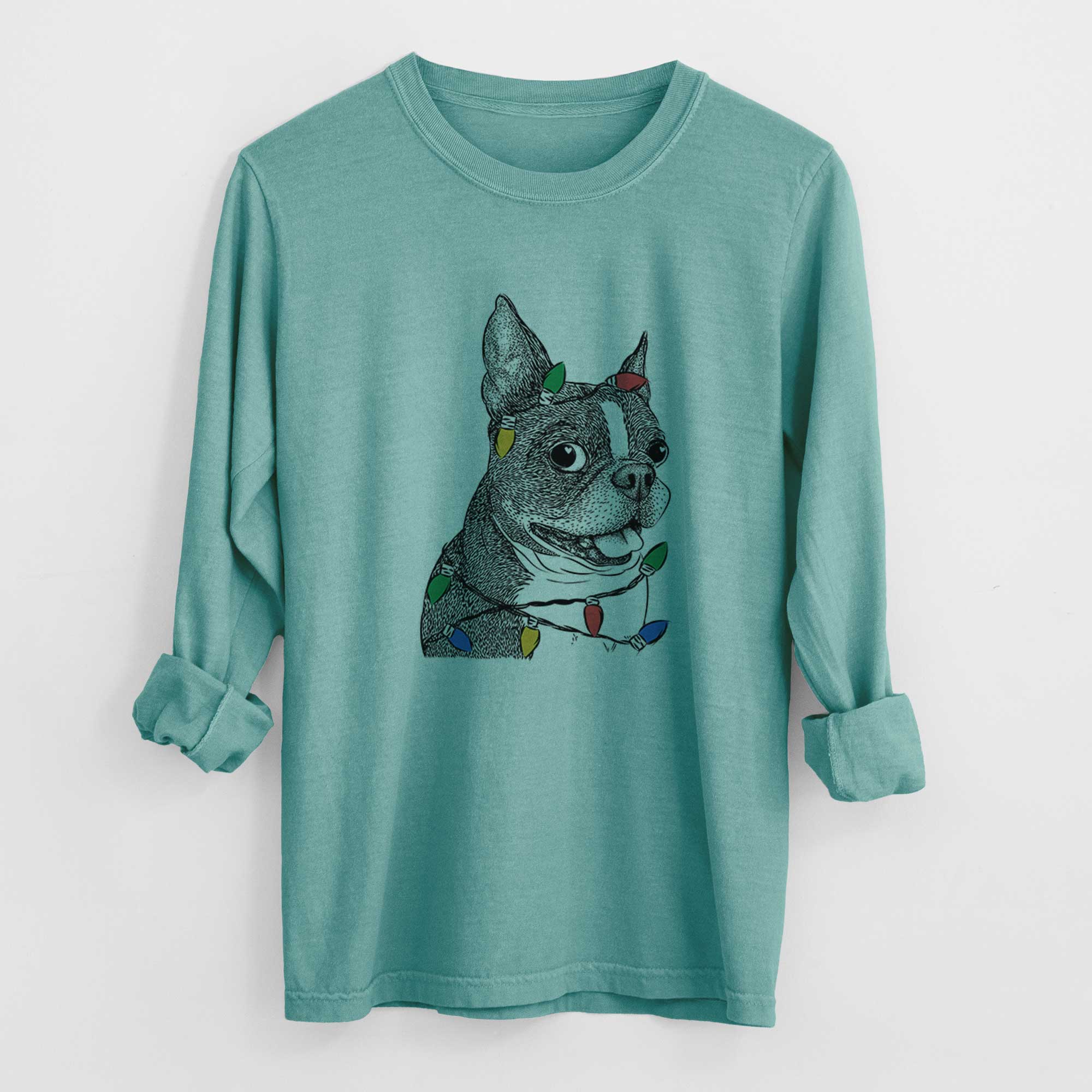 Christmas Lights Ralphie the Boston Terrier - Heavyweight 100% Cotton Long Sleeve