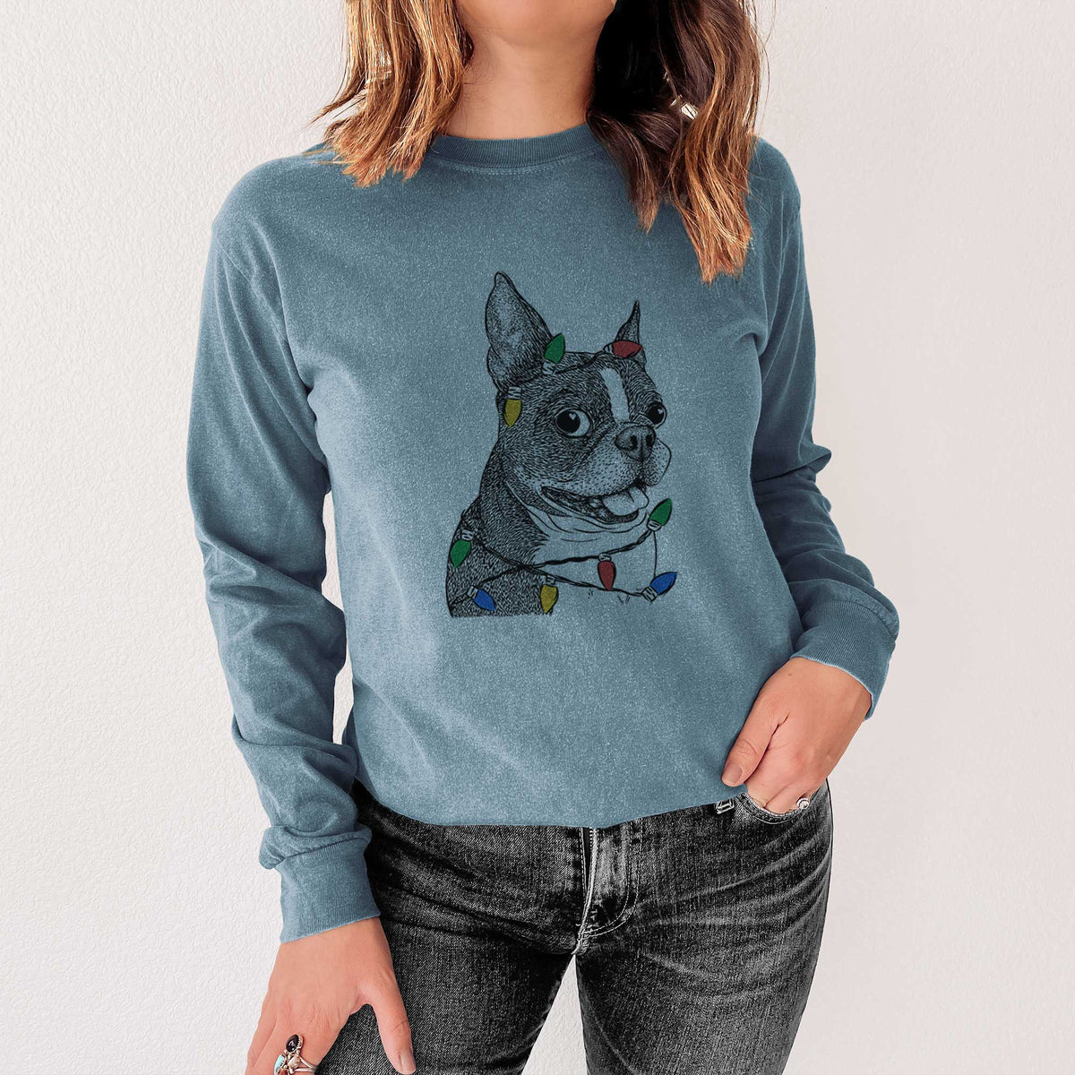 Christmas Lights Ralphie the Boston Terrier - Heavyweight 100% Cotton Long Sleeve