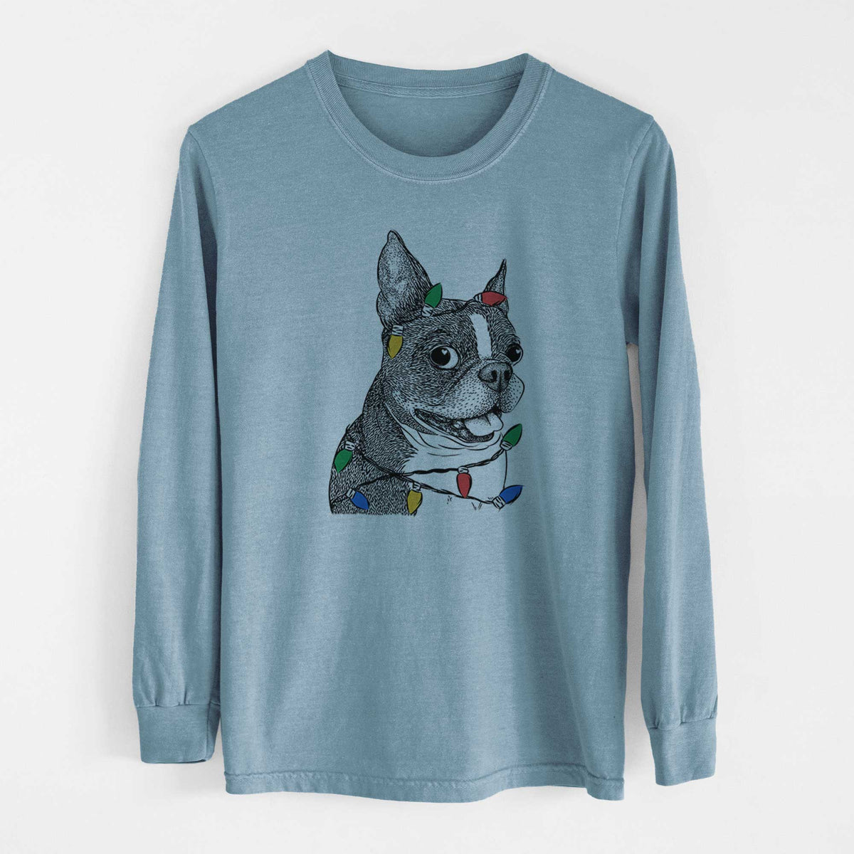 Christmas Lights Ralphie the Boston Terrier - Heavyweight 100% Cotton Long Sleeve