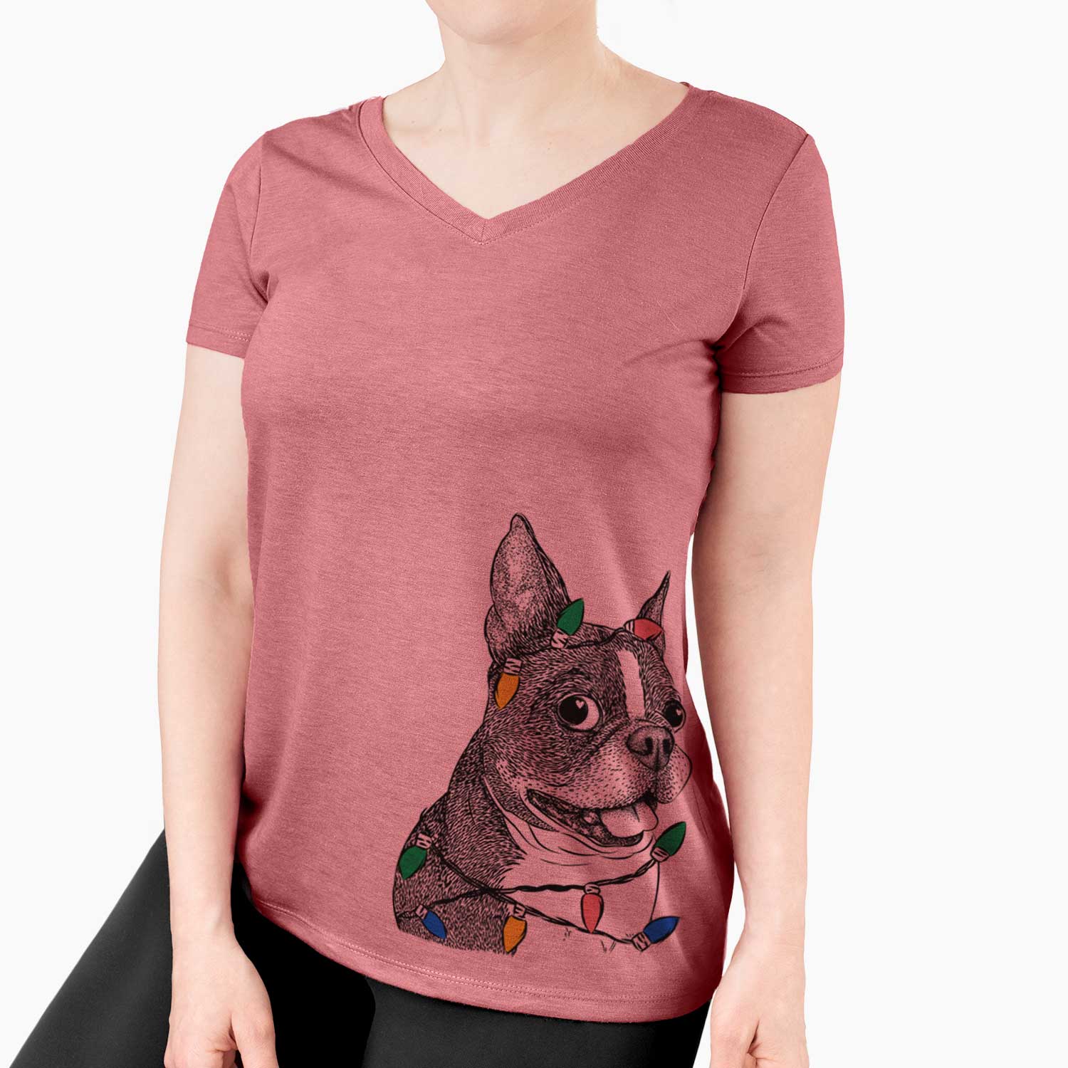 Christmas Lights Ralphie the Boston Terrier - Women's V-neck Shirt