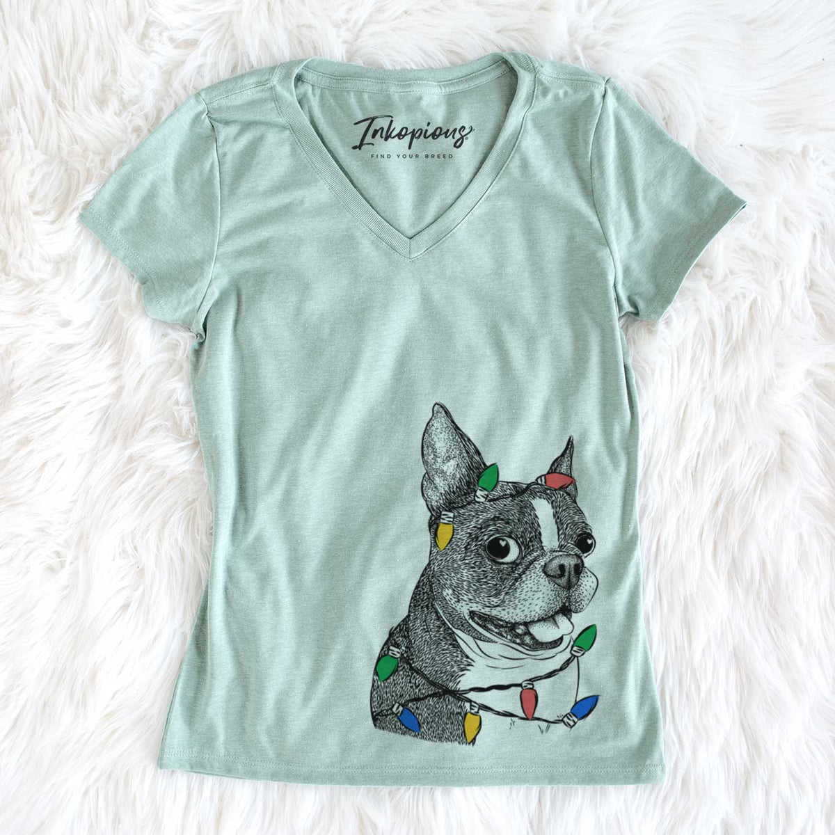 Christmas Lights Ralphie the Boston Terrier - Women&#39;s V-neck Shirt