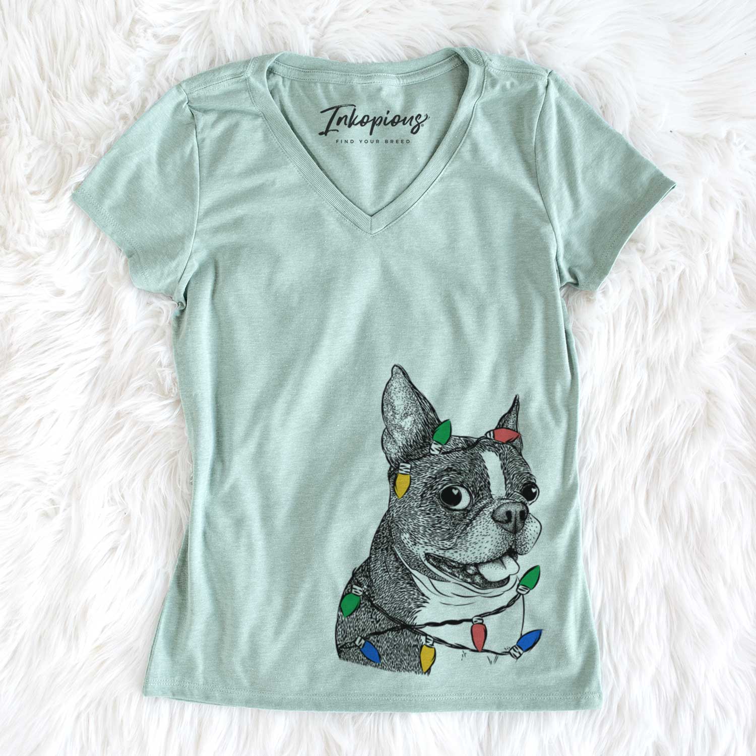 Christmas Lights Ralphie the Boston Terrier - Women's V-neck Shirt