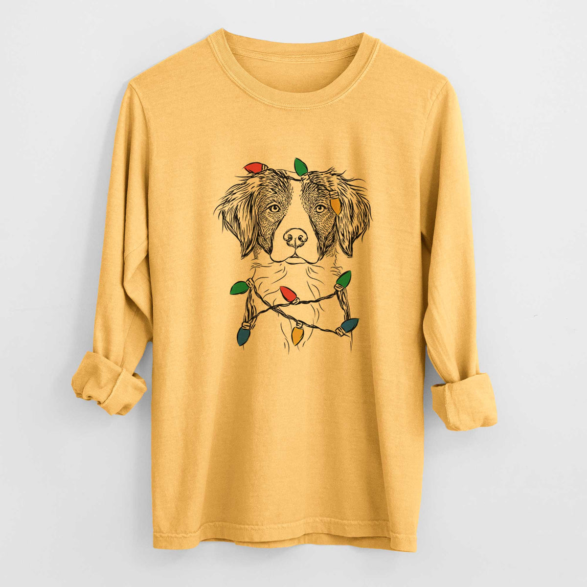 Christmas Lights Remi the Brittany - Heavyweight 100% Cotton Long Sleeve