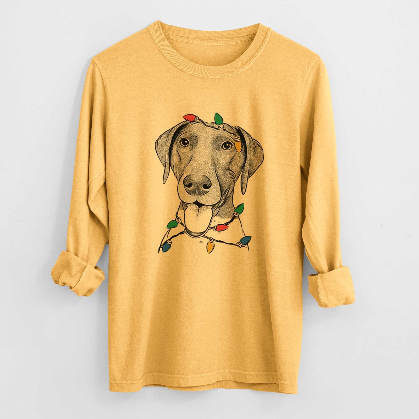 Christmas Lights Remi the German Shorthaired Pointer - Heavyweight 100% Cotton Long Sleeve