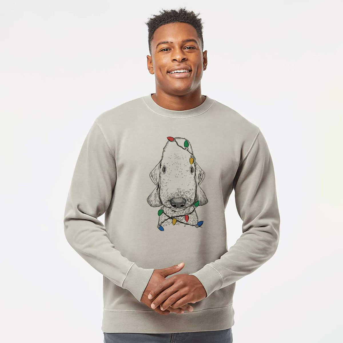 Christmas Lights Remington the Bedlington Terrier - Unisex Pigment Dyed Crew Sweatshirt