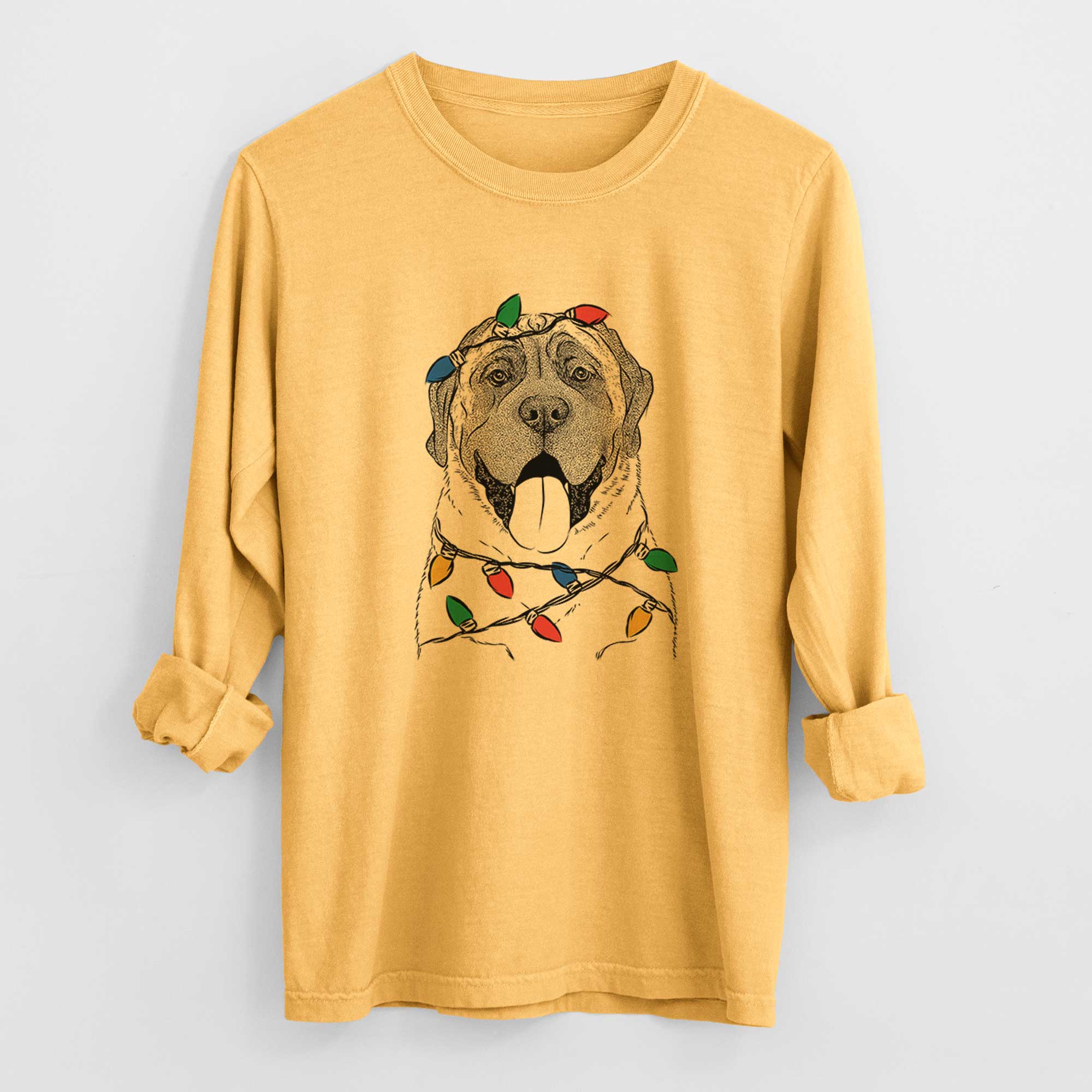 Christmas Lights Remmie the English Mastiff - Heavyweight 100% Cotton Long Sleeve