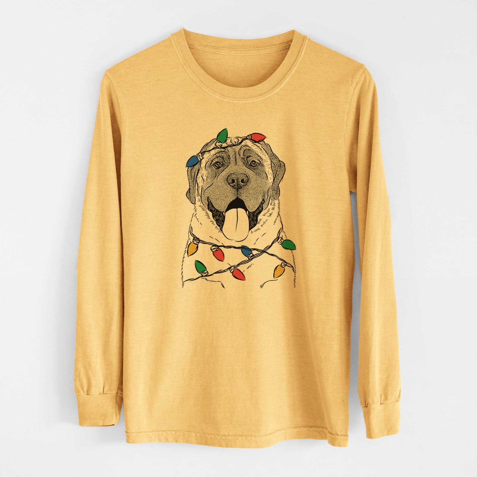 Christmas Lights Remmie the English Mastiff - Heavyweight 100% Cotton Long Sleeve