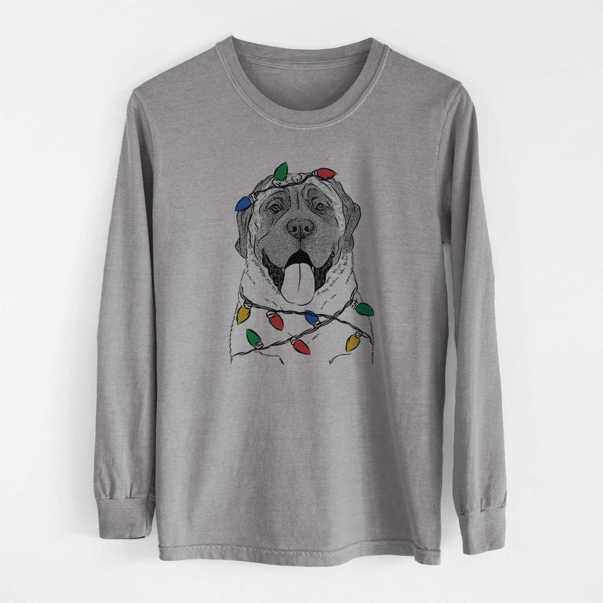 Christmas Lights Remmie the English Mastiff - Heavyweight 100% Cotton Long Sleeve