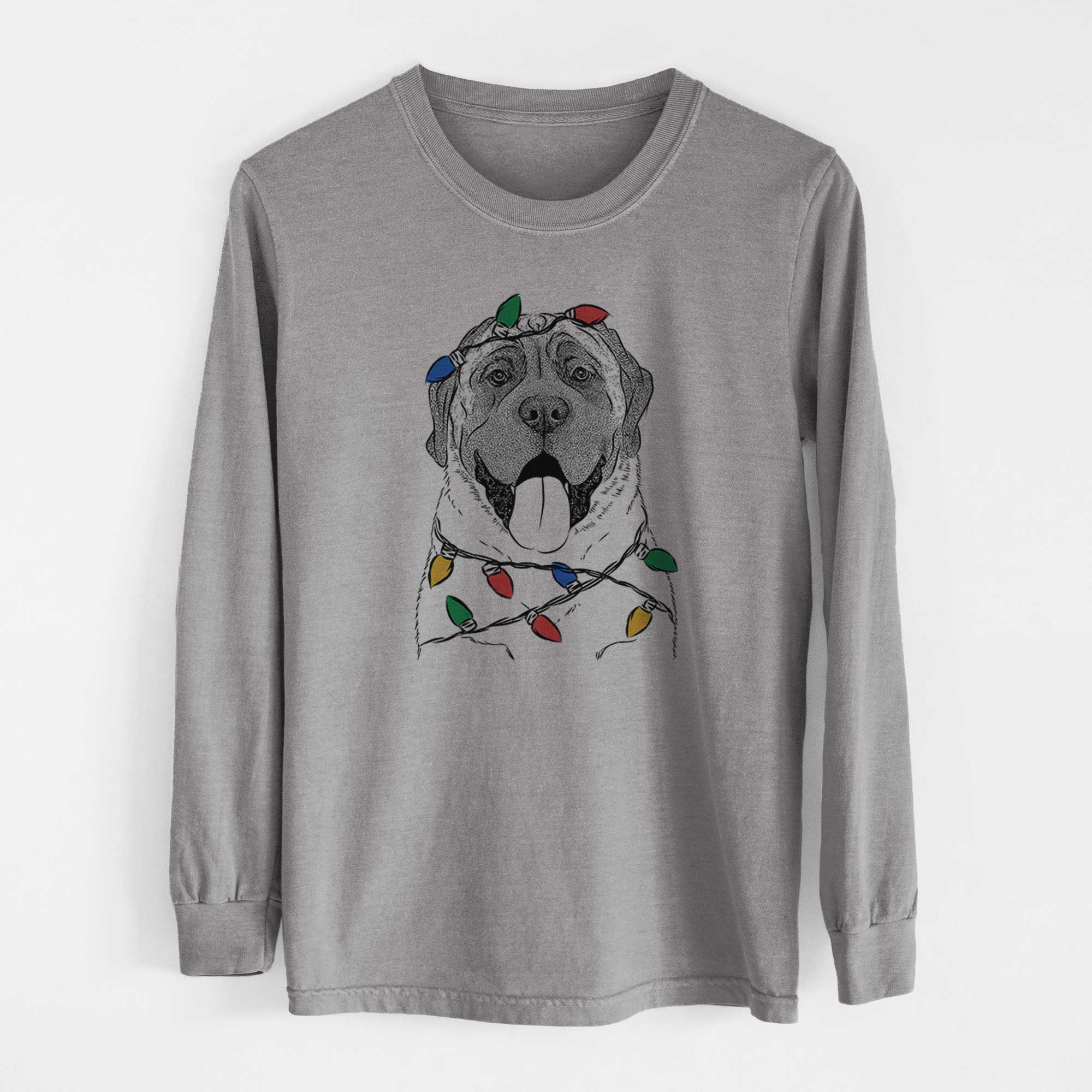 Christmas Lights Remmie the English Mastiff - Heavyweight 100% Cotton Long Sleeve