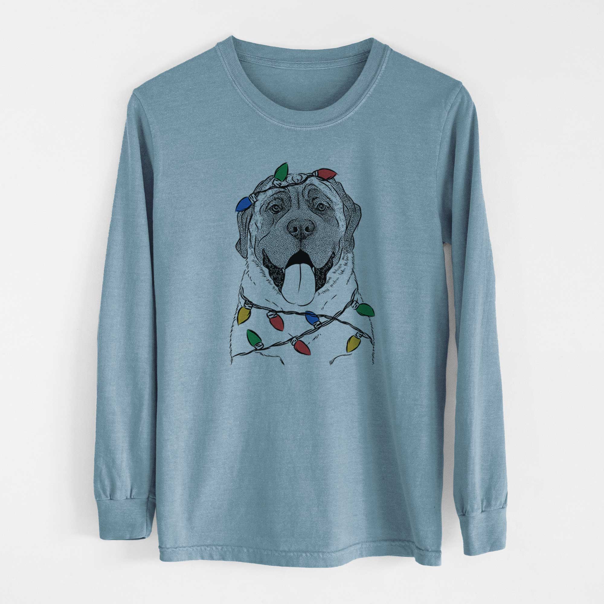 Christmas Lights Remmie the English Mastiff - Heavyweight 100% Cotton Long Sleeve
