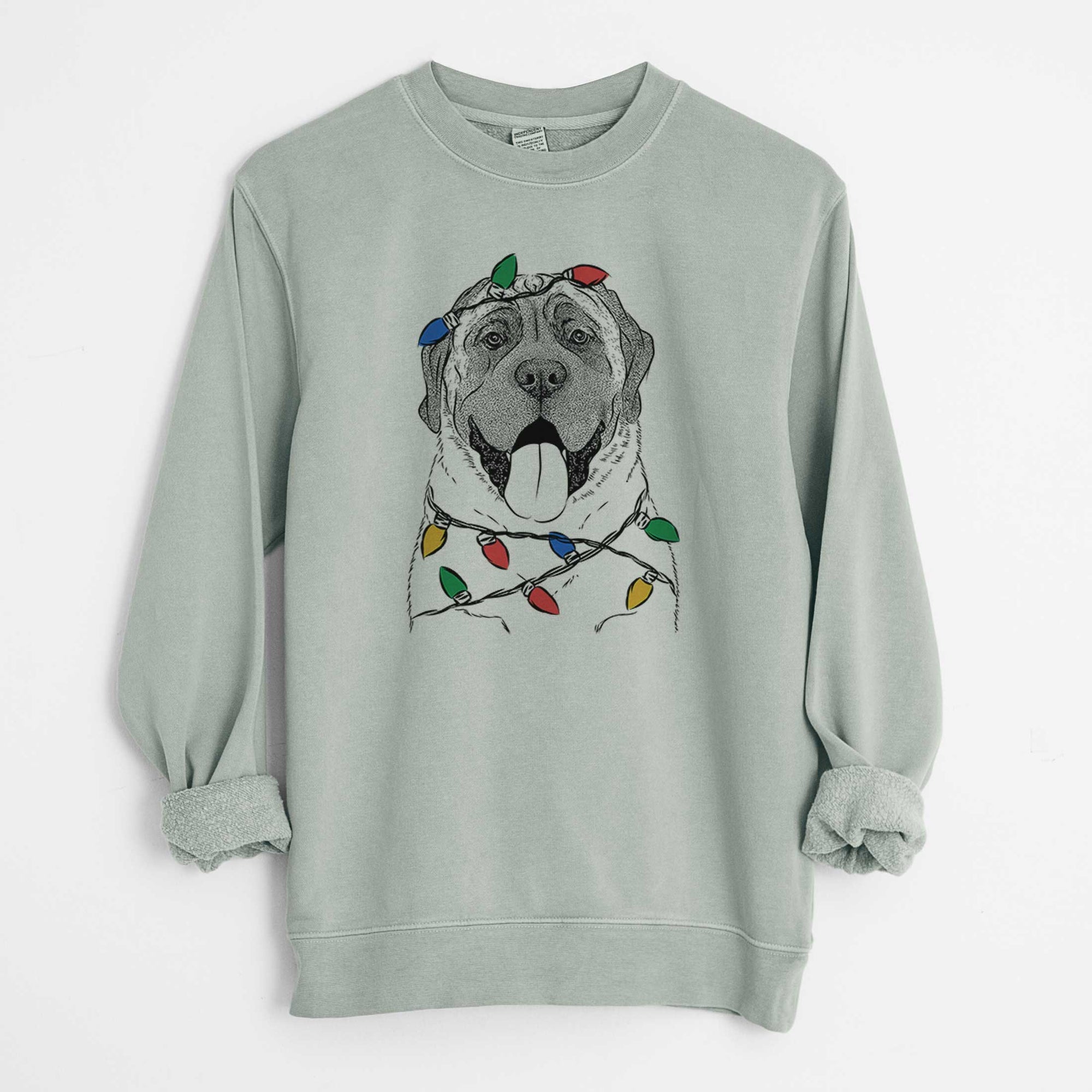 Christmas Lights Remmie the English Mastiff - Unisex Pigment Dyed Crew Sweatshirt