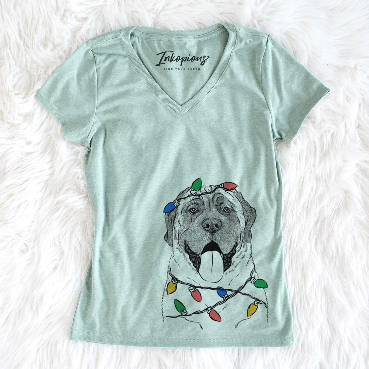 Christmas Lights Remmie the English Mastiff - Women&#39;s V-neck Shirt