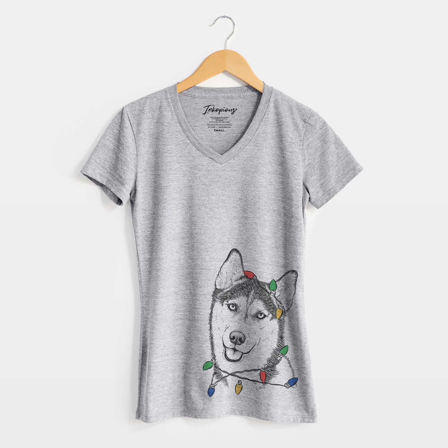 Christmas Lights Remmie the Siberian Husky - Women's V-neck Shirt