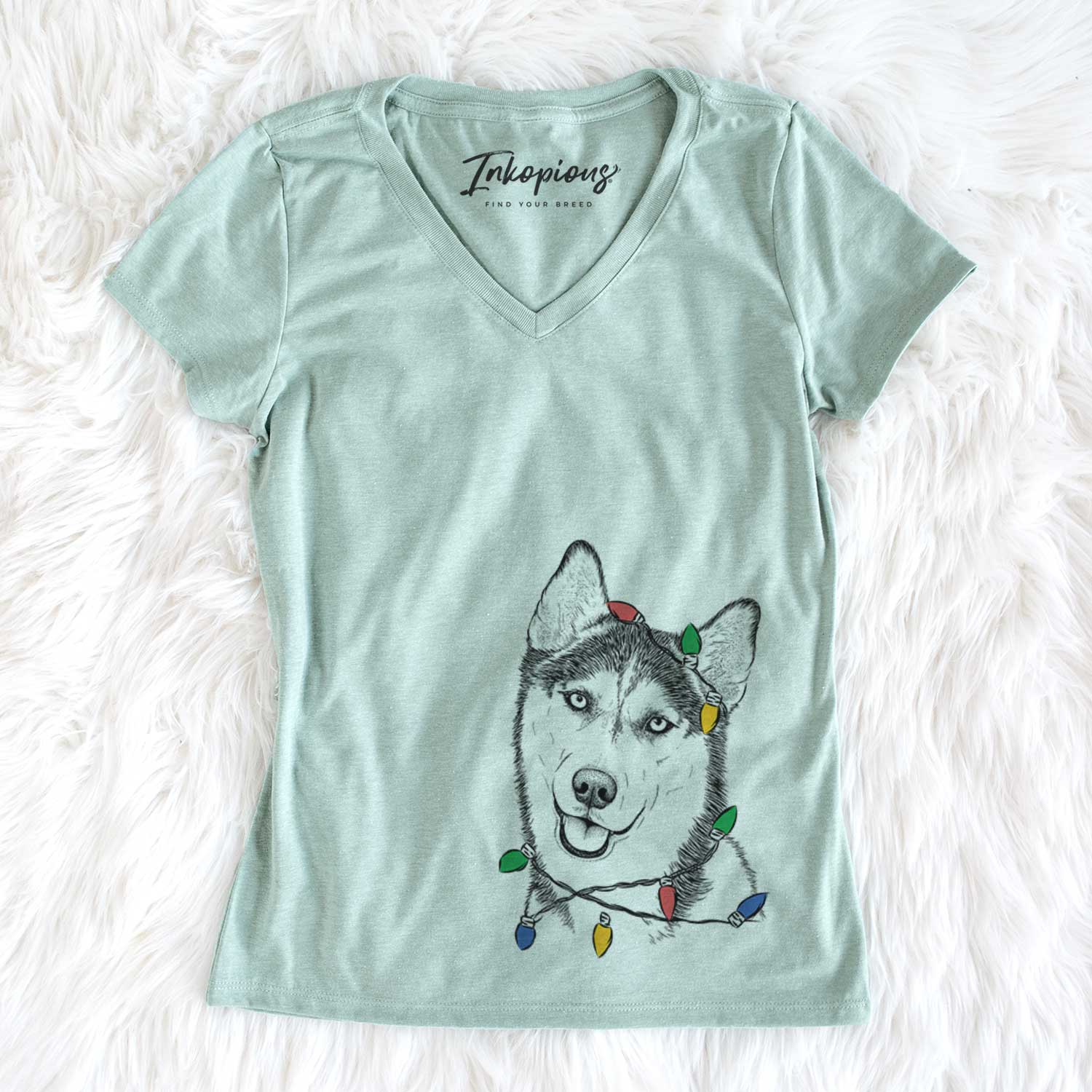 Christmas Lights Remmie the Siberian Husky - Women's V-neck Shirt