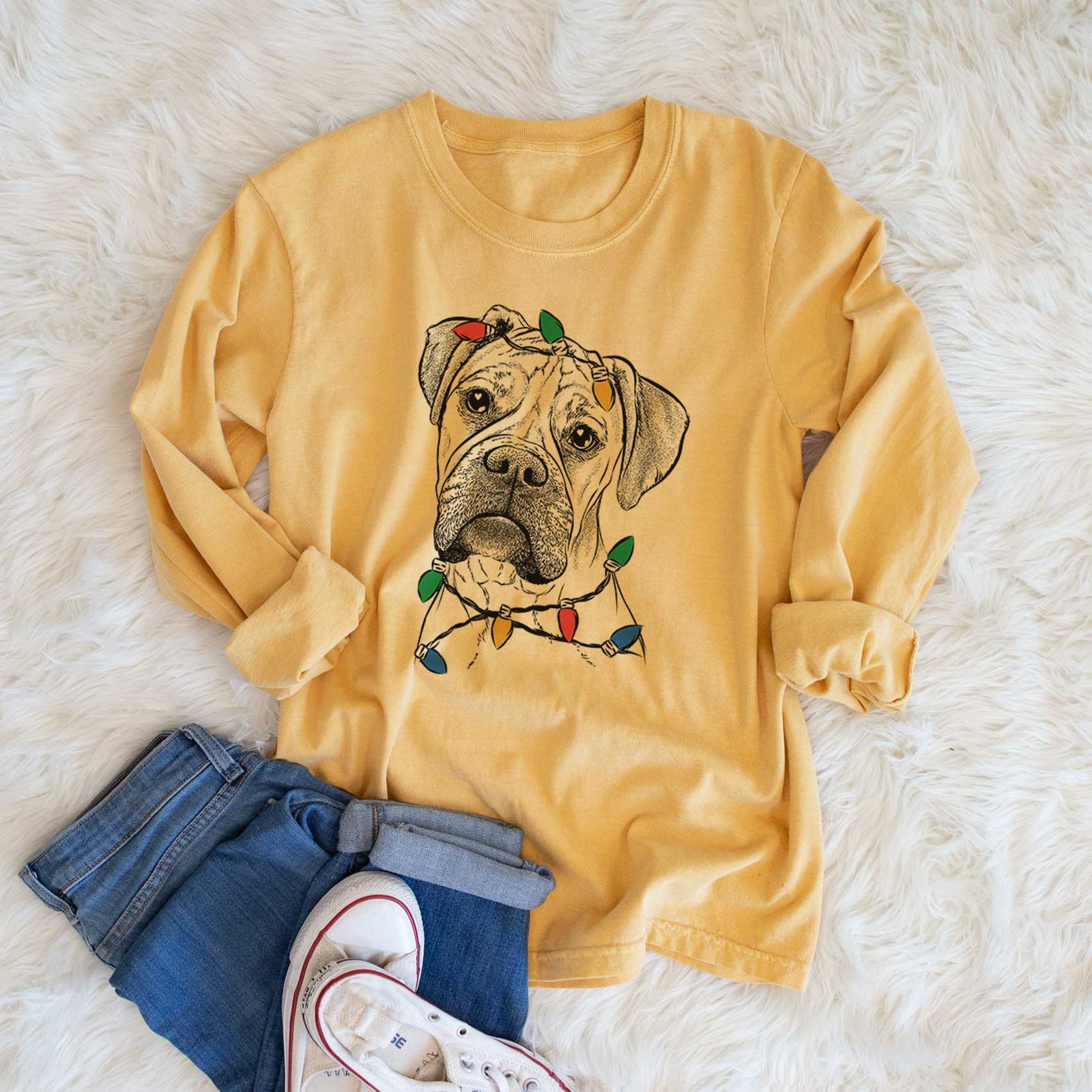 Christmas Lights Reuby the Boxer - Heavyweight 100% Cotton Long Sleeve