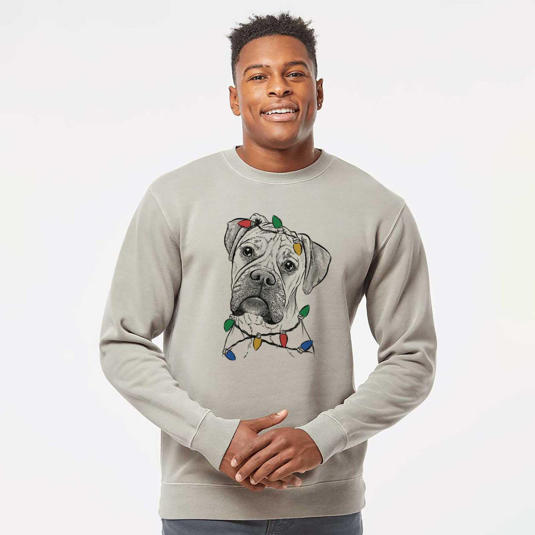 Christmas Lights Reuby the Boxer - Unisex Pigment Dyed Crew Sweatshirt