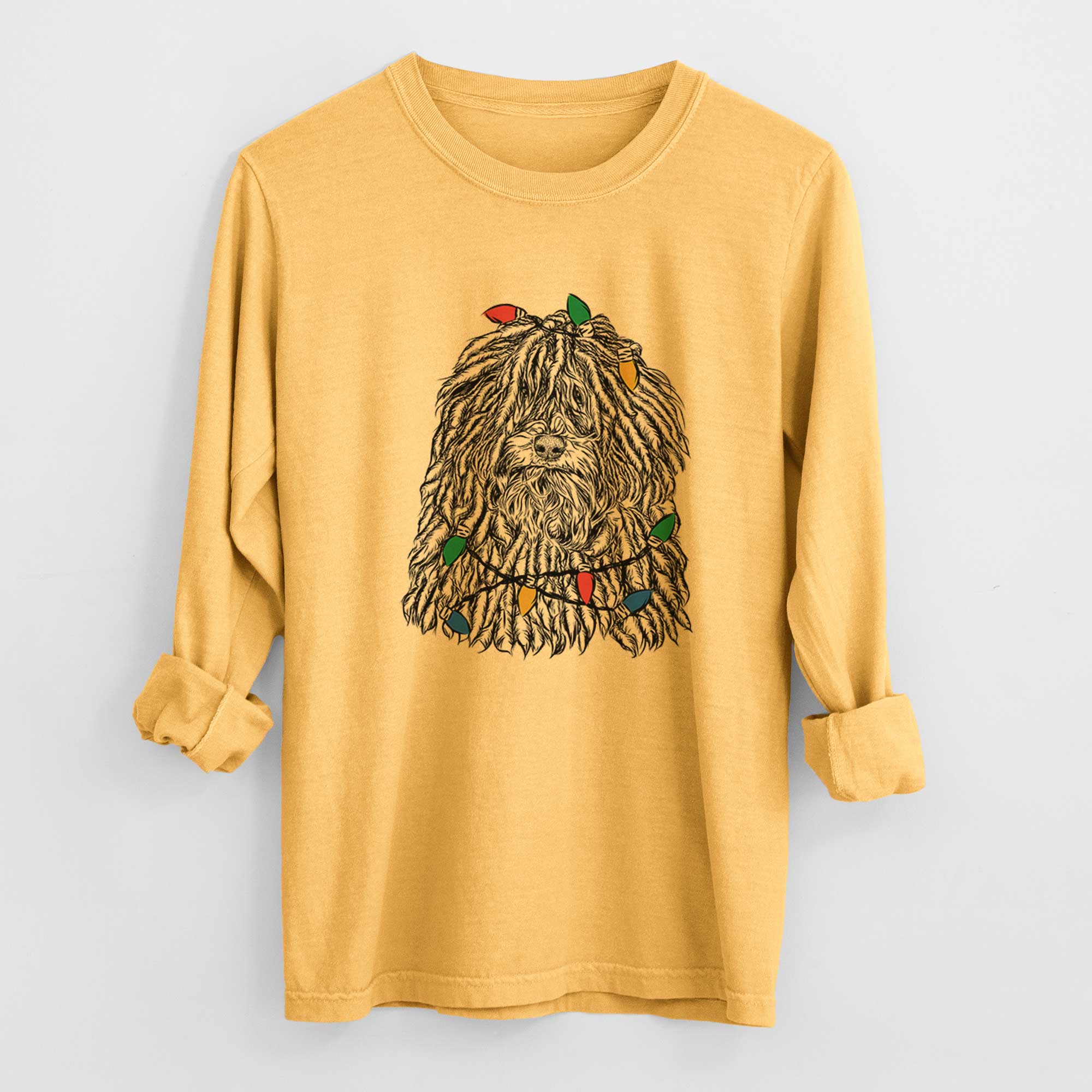 Christmas Lights Rezi the Puli - Heavyweight 100% Cotton Long Sleeve