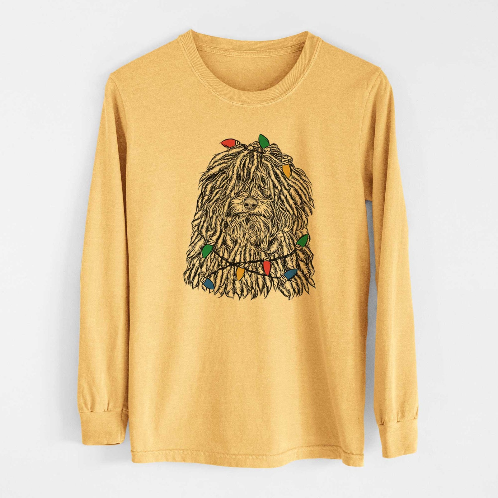 Christmas Lights Rezi the Puli - Heavyweight 100% Cotton Long Sleeve